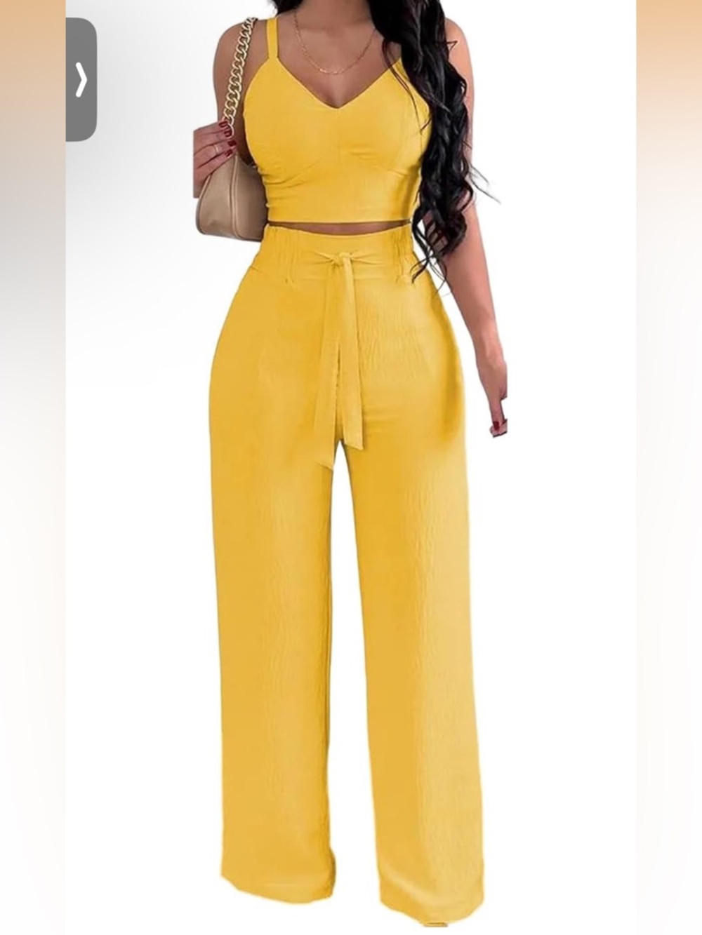 High-Waist Wide Leg Pants Set - Yellow- SMALL